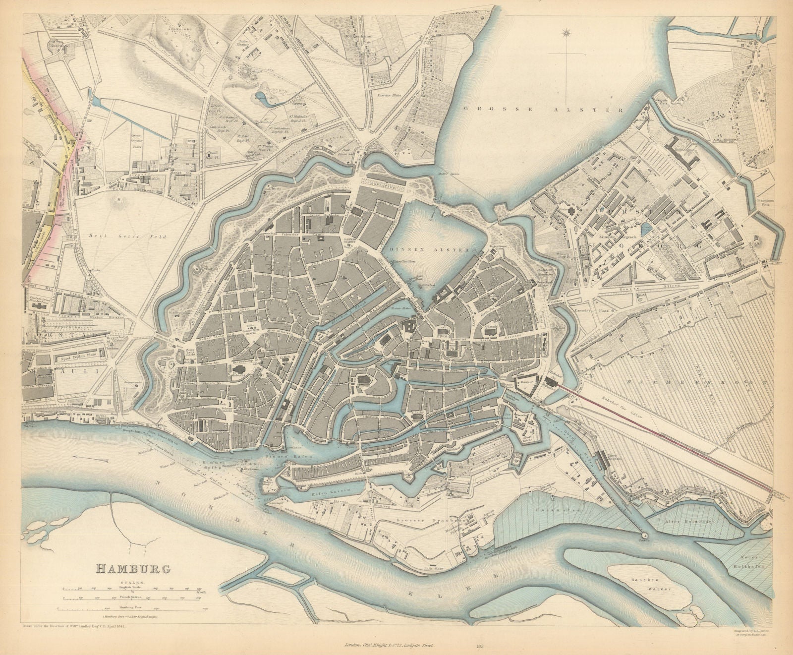 HAMBURG. Antique town city map plan. SDUK 1847 old chart